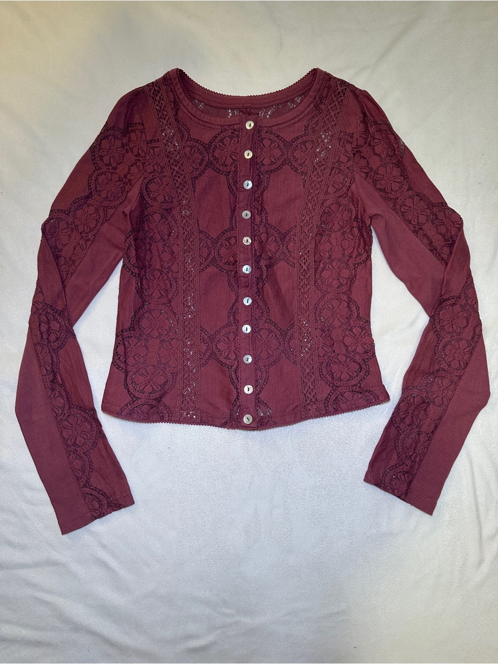 Boho Lace Crochet Button Front Long Sleeve Top Burgundy Unbranded